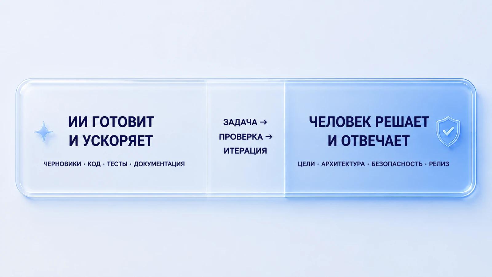 ИИ ускоряет черновики, код и тесты, а человек отвечает за цели, архитектуру, безопасность и релиз