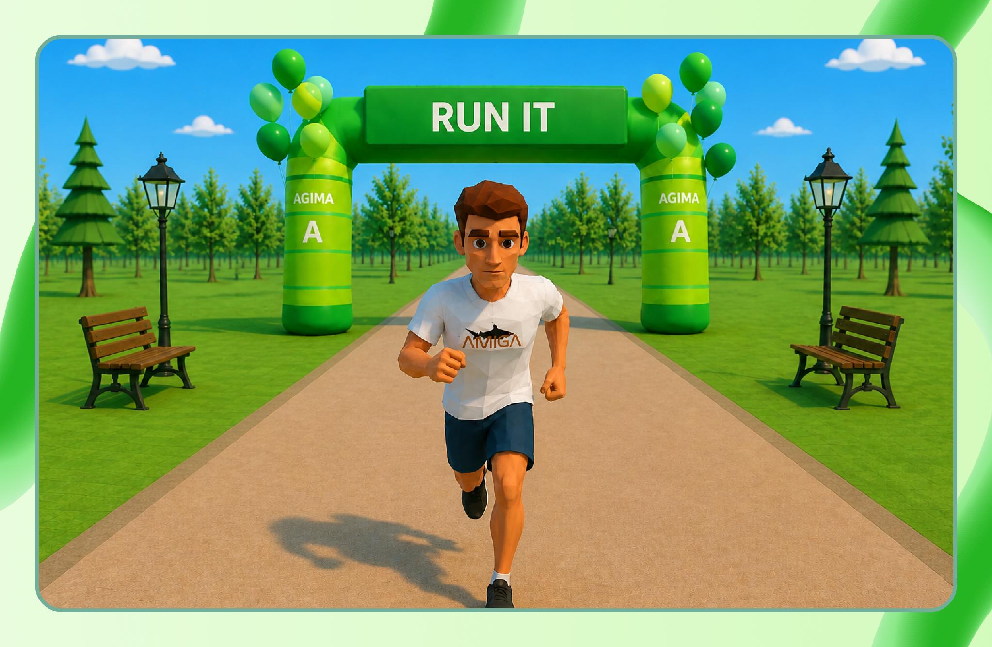 Бегун в футболке Amiga стартует у зелёной арки RUN IT в солнечном парке.