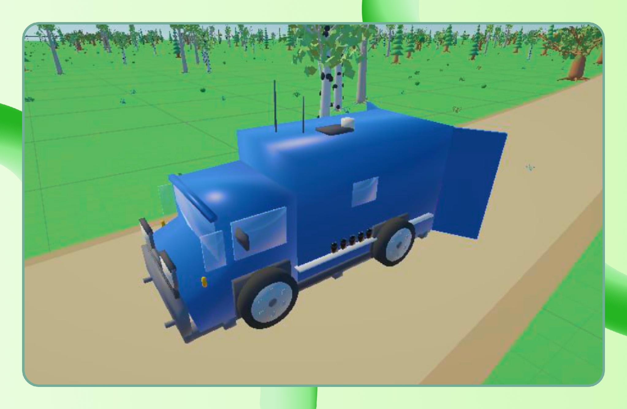 Синий фургон на дороге среди low-poly деревьев в сцене игры Last Run – Last Token.