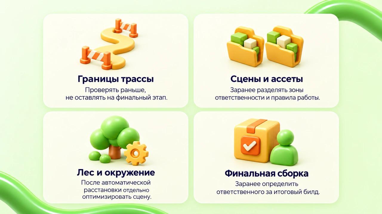 Выводы AI-хакатона о границах трассы, разделении ассетов, оптимизации леса и финальной сборке.