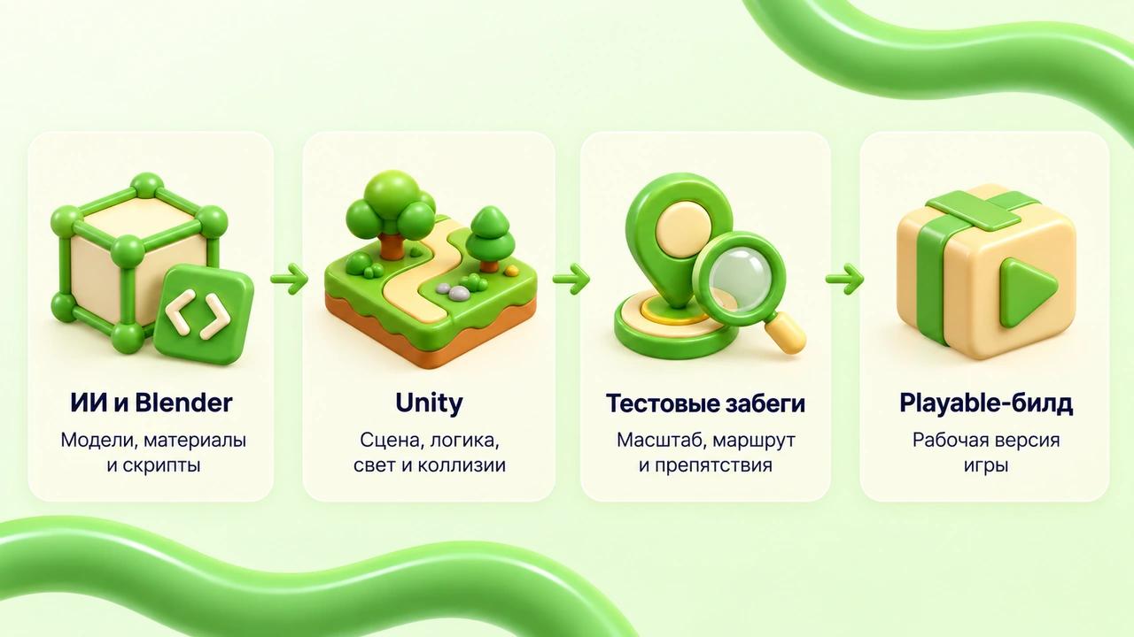 Этапы сборки 3D-игры: ассеты и скрипты, сцена Unity, тестовые забеги и playable-билд.