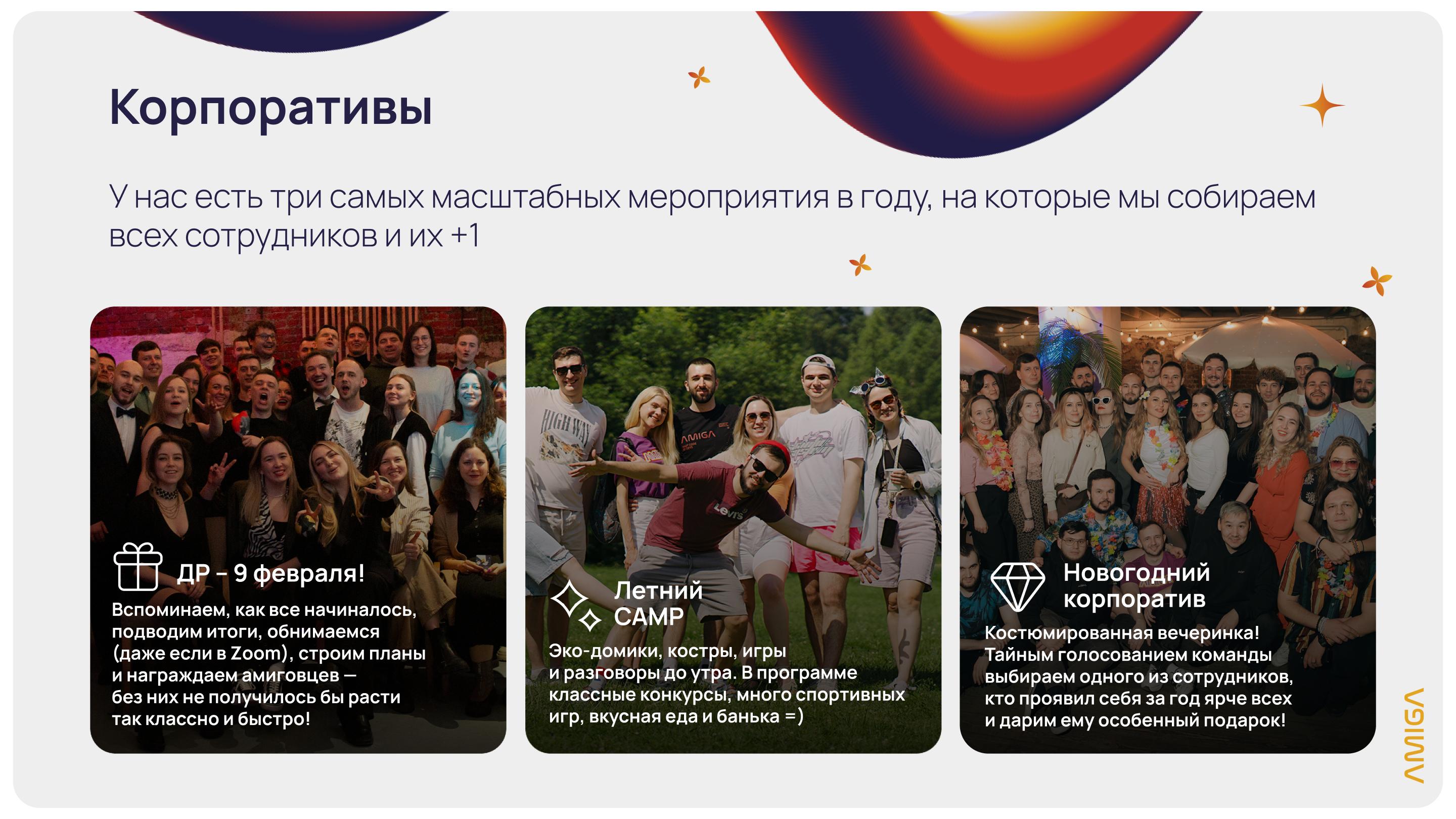Сотрудники Amiga на трёх главных корпоративах года: день рождения, летний CAMP и новогодняя вечеринка